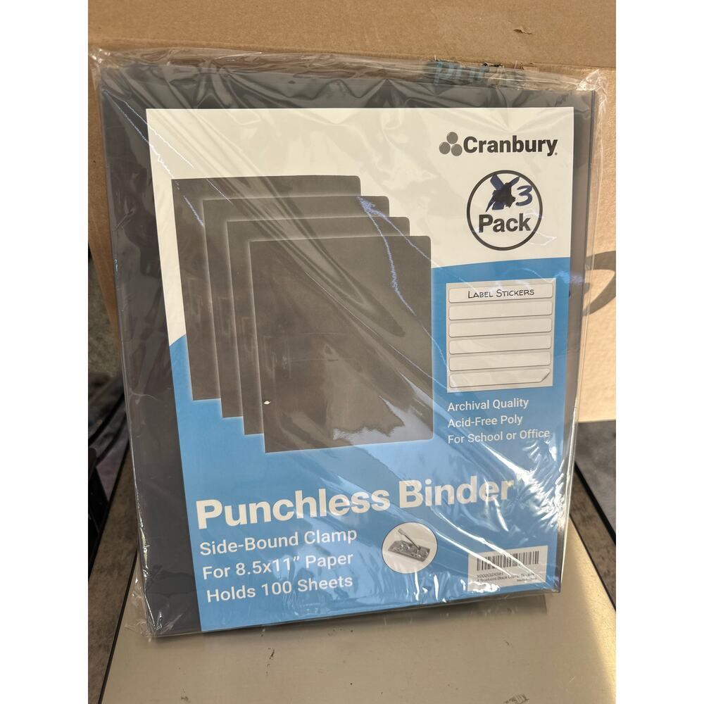 3-Pack Punchless, Ringless Clamp Binder, Holds 100 Letter Size Pages (Black)